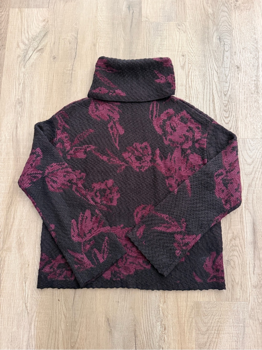 White House Black Market Black and Plum Floral Cowlneck Sweater